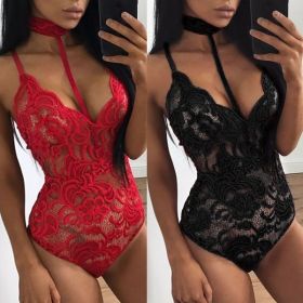 Fashion Women Sheer Lace Floral Leotard Tops Backless Jumpsuit Sexy Lingerie Dress Neck Choker Bodysuit (Color: Black, size: XL)