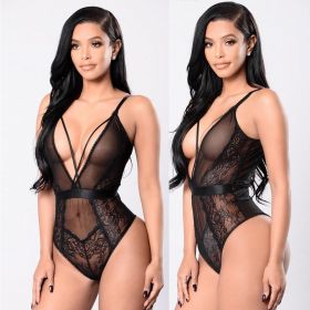 Fashion Sleepwear Backless Teddies Hollow Bodysuit Floral Lace Halter One Piece Sexy Lingerie (Color: Black, size: 2XL)