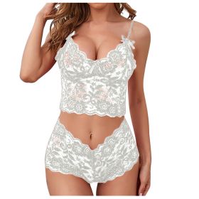 Sexy Women Lingerie Set Thin Lace Flower Printed Underwear Suit Female Adjustable Shoulder Strap Triangle Cup Bralettle (Color: white set, Cup Size: L)