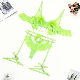 Pompons Pleated Skirt See Through Comfortable Mesh Sexy Lingerie Set (Color: Green, size: L)