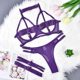 Lingerie Sexy Temptation Complex Shoulder Strap Interwoven Four Piece Suit Steel Ring Sexy Uniform (Color: Purple, size: L)