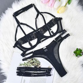 Lingerie Sexy Temptation Complex Shoulder Strap Interwoven Four Piece Suit Steel Ring Sexy Uniform (Color: Black, size: S)