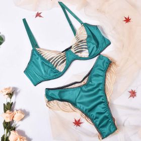 Lingerie Sexy Underwear Three Point Satin Embroidery Stitching See through Dew Pajama Set (Color: Green, size: S)