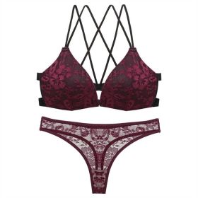 Sexy Lace Lingerie Panties Set Bare Back Front Buckle Bra Set (Color: Wine red, size: 80B)