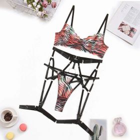 Sexy Lingerie Suit Color Pattern Tie Dyed Printed Sexy Mesh Split Four Piece Set (Color: Multi, size: S)